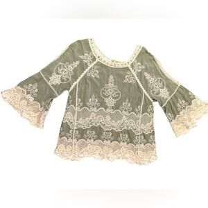Democracy Women’s Size Small Sage Green Top with Ivory Lace Trim  Bell Sleeve